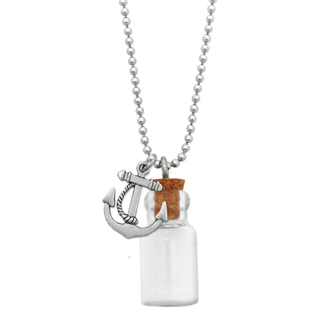 Mini Glass Bottle Urn Necklace with Nautical Sailor Anchor Charm