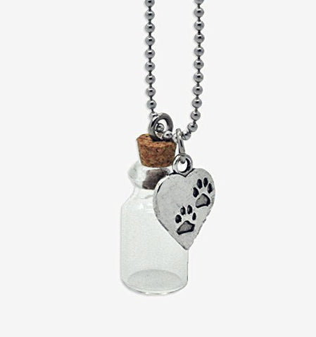Mini Pet Memorial Urn Glass Bottle Necklace with Paw Print Charm