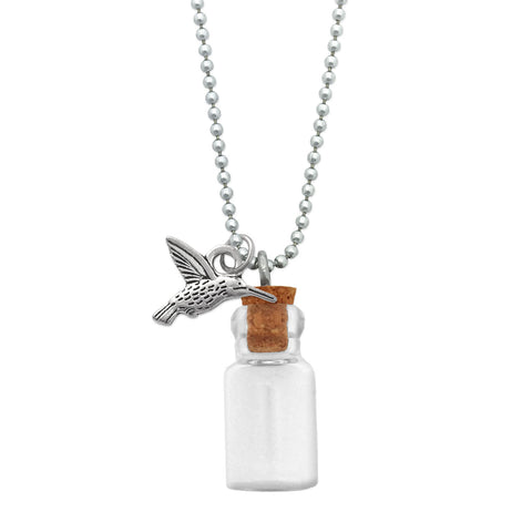 Mini Glass Bottle Cremation Ashes Holder Necklace w/ Hummingbird Charm