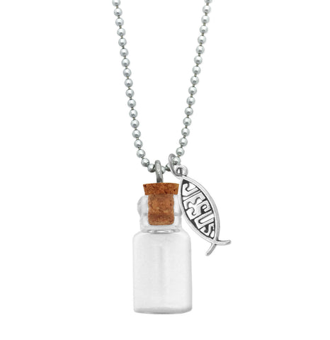 Mini Glass Bottle Cremation Ashes Holder Necklace w/ Jesus Fish Charm